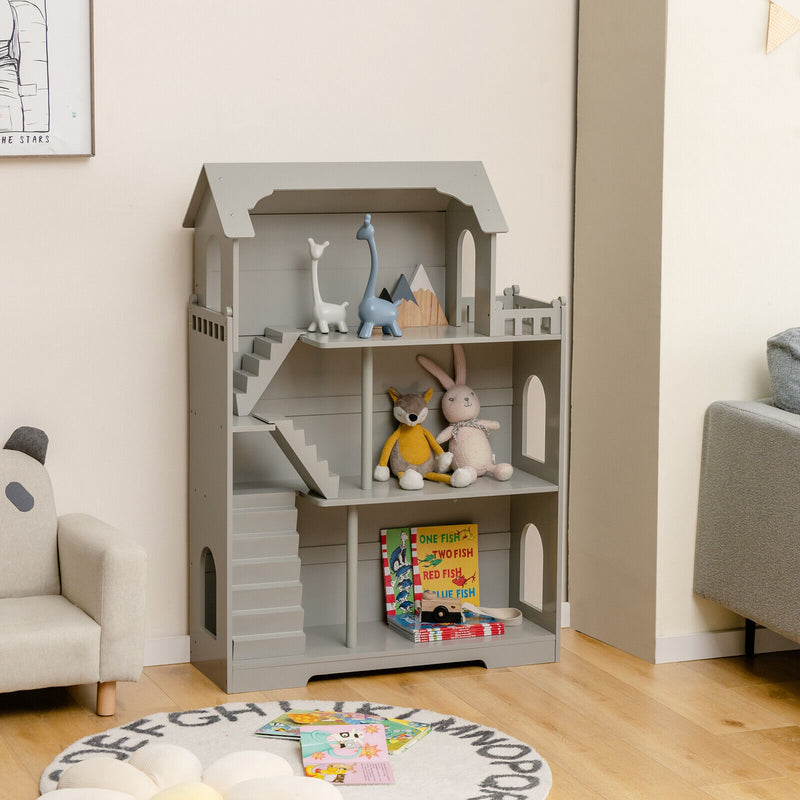 Kids Wooden Dollhouse Bookshelf with Anti-Tip Design and Storage Space-Gray