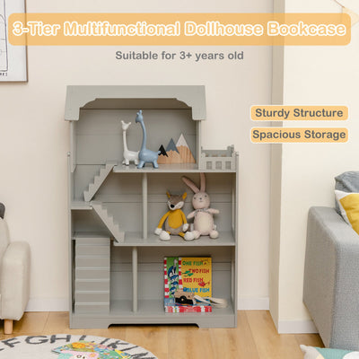 Kids Wooden Dollhouse Bookshelf with Anti-Tip Design and Storage Space-Gray