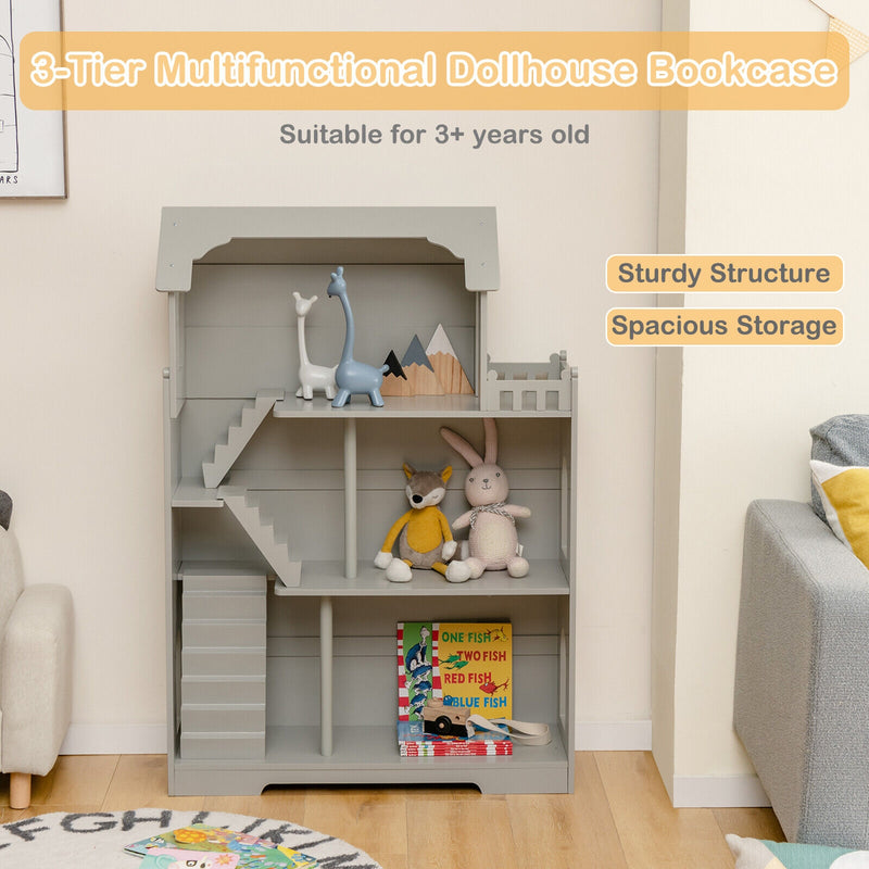 Kids Wooden Dollhouse Bookshelf with Anti-Tip Design and Storage Space-Gray