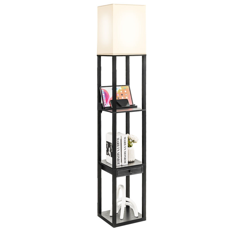 63 Inch Modern Shelf Floor Lamp with Power Outlet and USB Port-Black