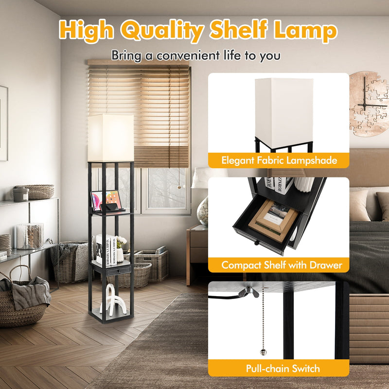 63 Inch Modern Shelf Floor Lamp with Power Outlet and USB Port-Black