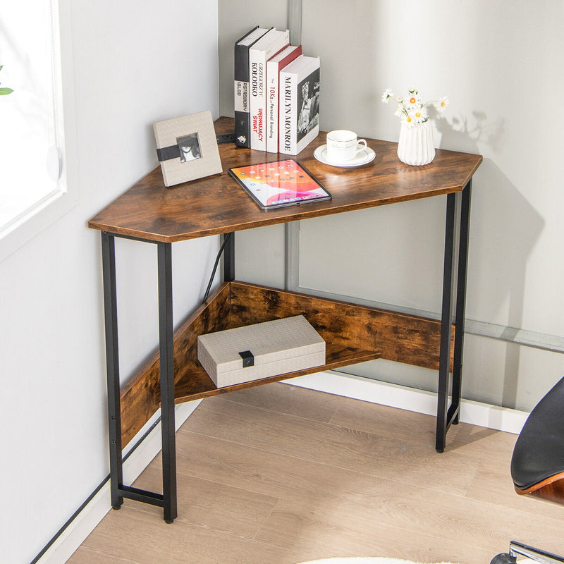 Triangle Computer Corner Desk with Charging Station-Rustic Brown