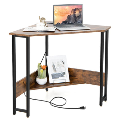 Triangle Computer Corner Desk with Charging Station-Rustic Brown