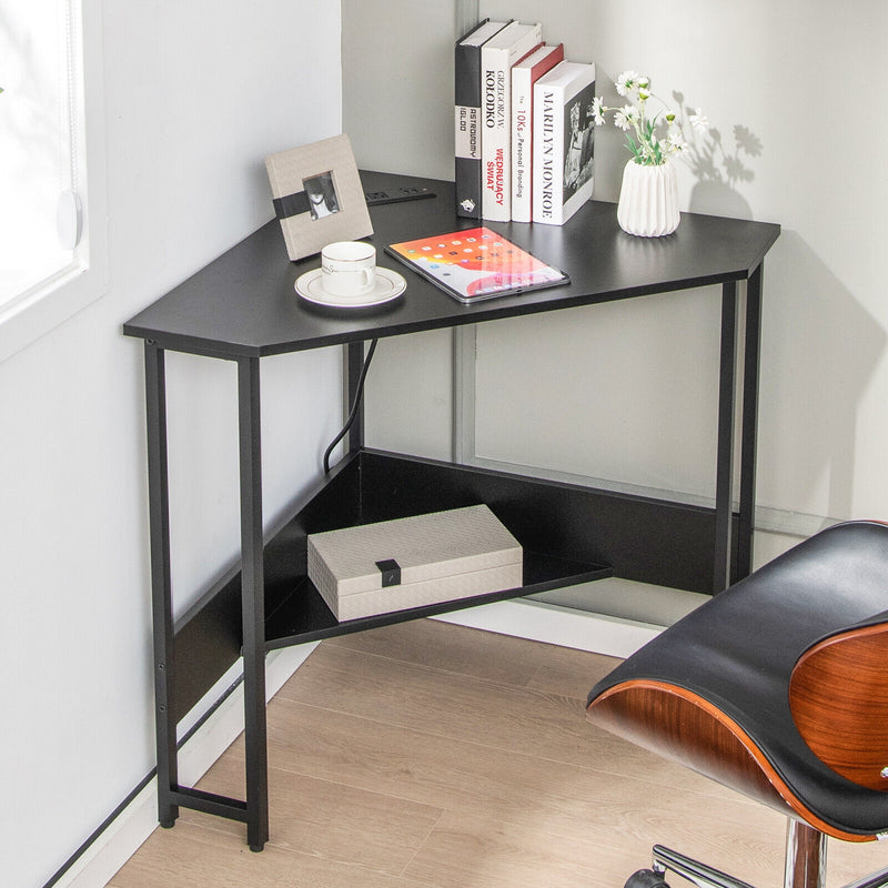 Triangle Computer Corner Desk with Charging Station-Black