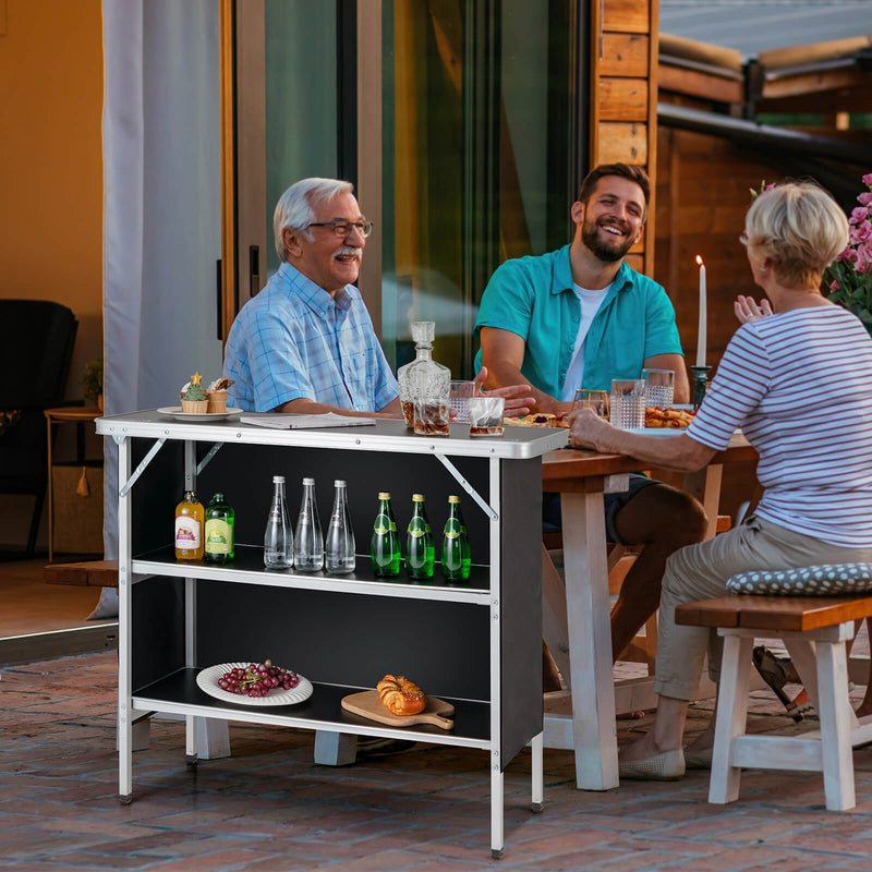 Folding Camping Table with 2-Tier Open Shelves for Outdoor BBQ-Black