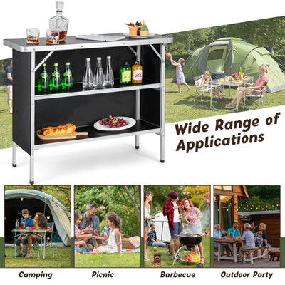 Folding Camping Table with 2-Tier Open Shelves for Outdoor BBQ-Black