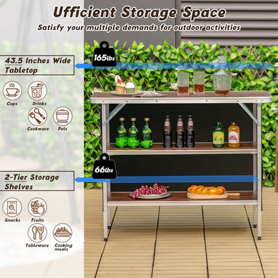 Folding Camping Table with 2-Tier Open Shelves for Outdoor BBQ-Coffee