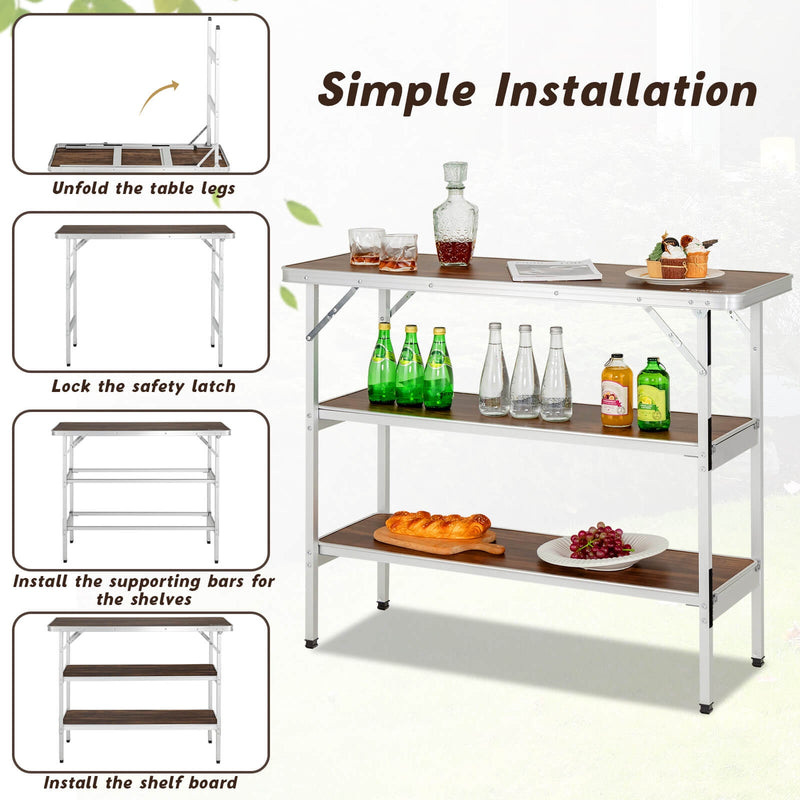 Folding Camping Table with 2-Tier Open Shelves for Outdoor BBQ-Coffee