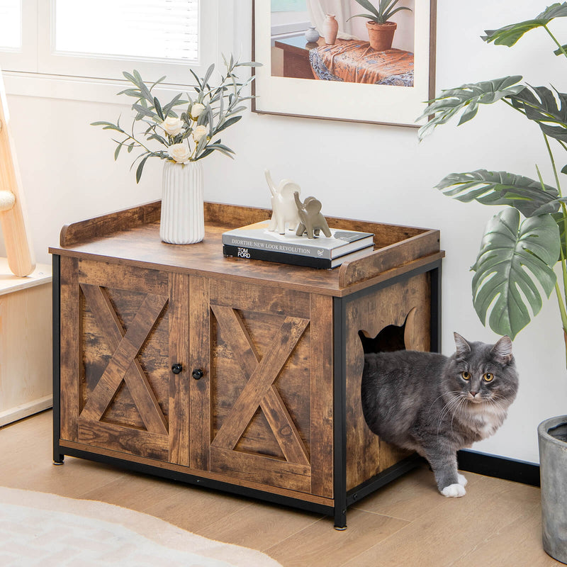 Cat Litter Box Enclosure with Double Doors and Adjustable Footpads-Brown