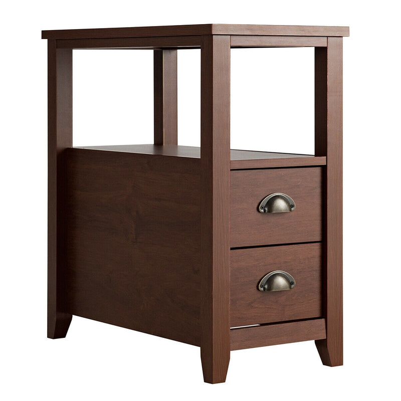 1 Piece End Table Wooden with 2 Drawers and Shelf Bedside Table-Brown