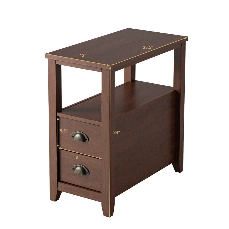 1 Piece End Table Wooden with 2 Drawers and Shelf Bedside Table-Brown