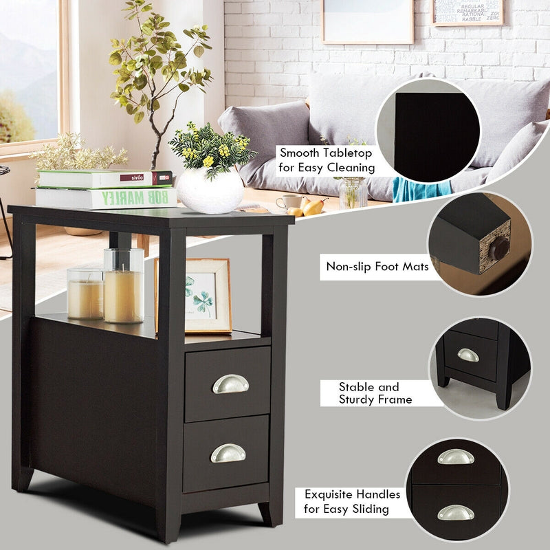 End Table Wooden with 2 Drawers and Shelf Bedside Table-Dark Brown