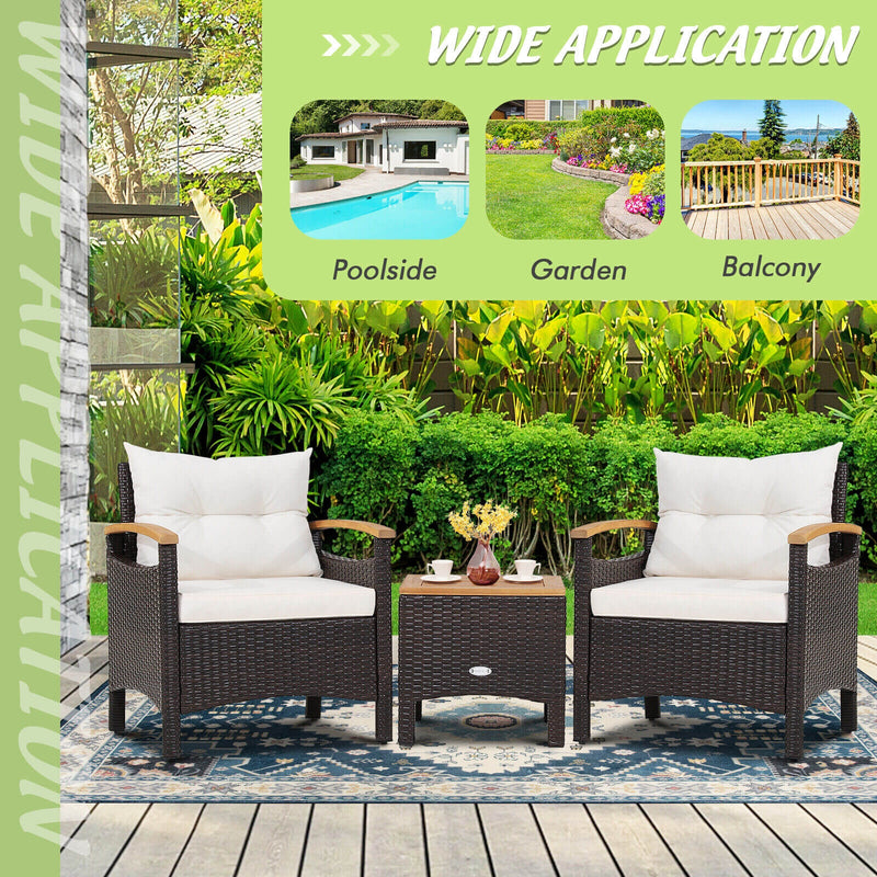 3 Pieces Patio Rattan Furniture Set with Removable Cushion-Off White