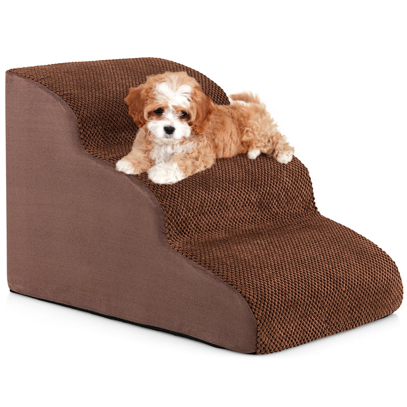 3-Tier Non-Slip Dog Steps with High-Density Sponge and Silicone Paw Prints-Brown