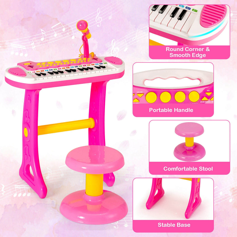 31-Key Kids Piano Keyboard Toy with Microphone and Multiple Sounds for Age 3+-Pink