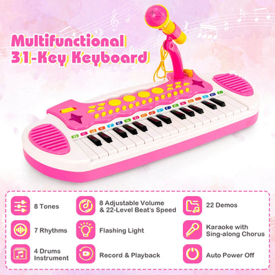 31-Key Kids Piano Keyboard Toy with Microphone and Multiple Sounds for Age 3+-Pink