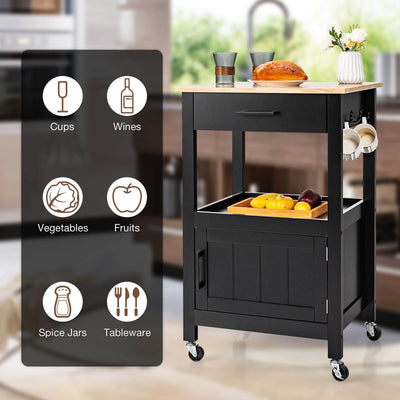 Kitchen Island with Storage Drawer and 3 Hooks-Black