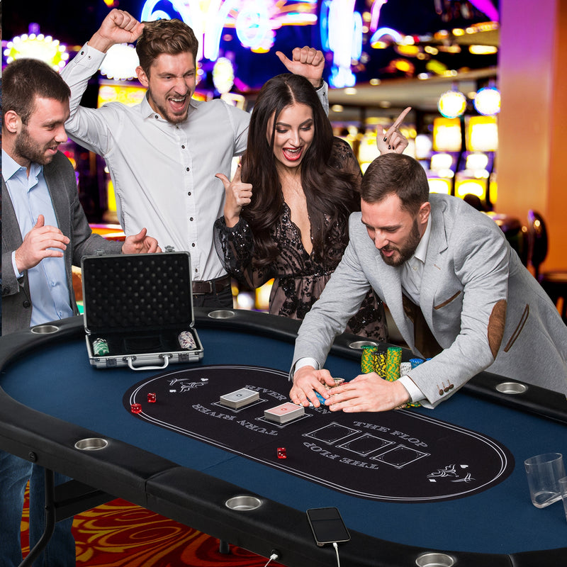 Foldable 10-Player Poker Table with LED Lights and USB Ports Ideal for Texas Casino-Blue