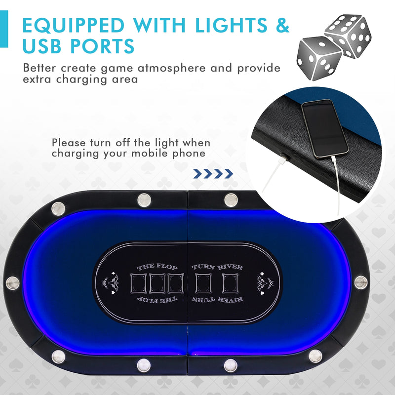 Foldable 10-Player Poker Table with LED Lights and USB Ports Ideal for Texas Casino-Blue