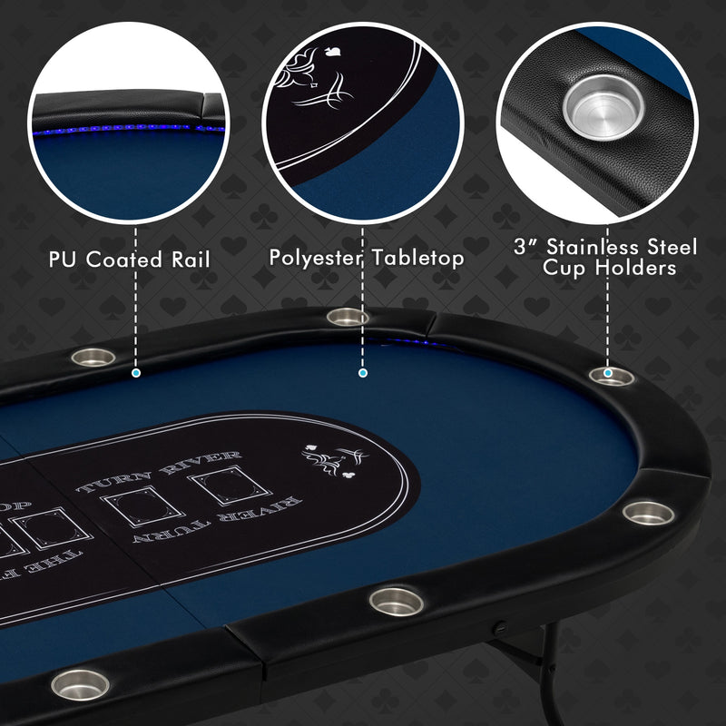 Foldable 10-Player Poker Table with LED Lights and USB Ports Ideal for Texas Casino-Blue