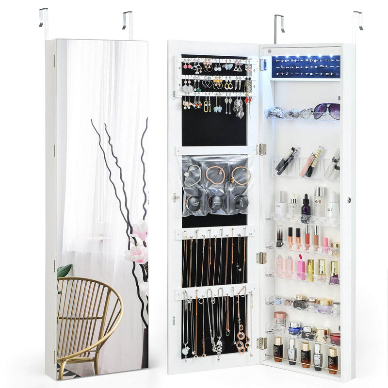 Wall Door Mounted Jewelry Armoire with Frameless LED Mirror-White