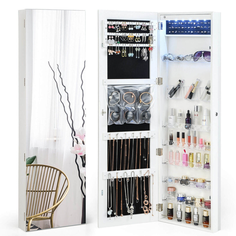 Wall Door Mounted Jewelry Armoire with Frameless LED Mirror-White