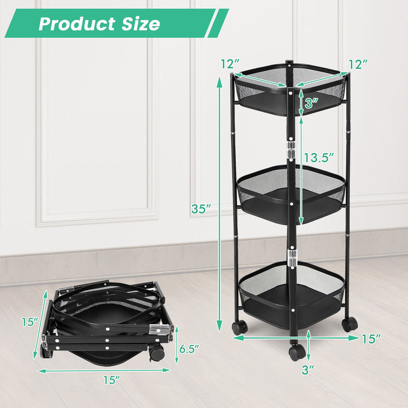 3-Tier Rotating 1-Second folding Storage Rack Metal-Square