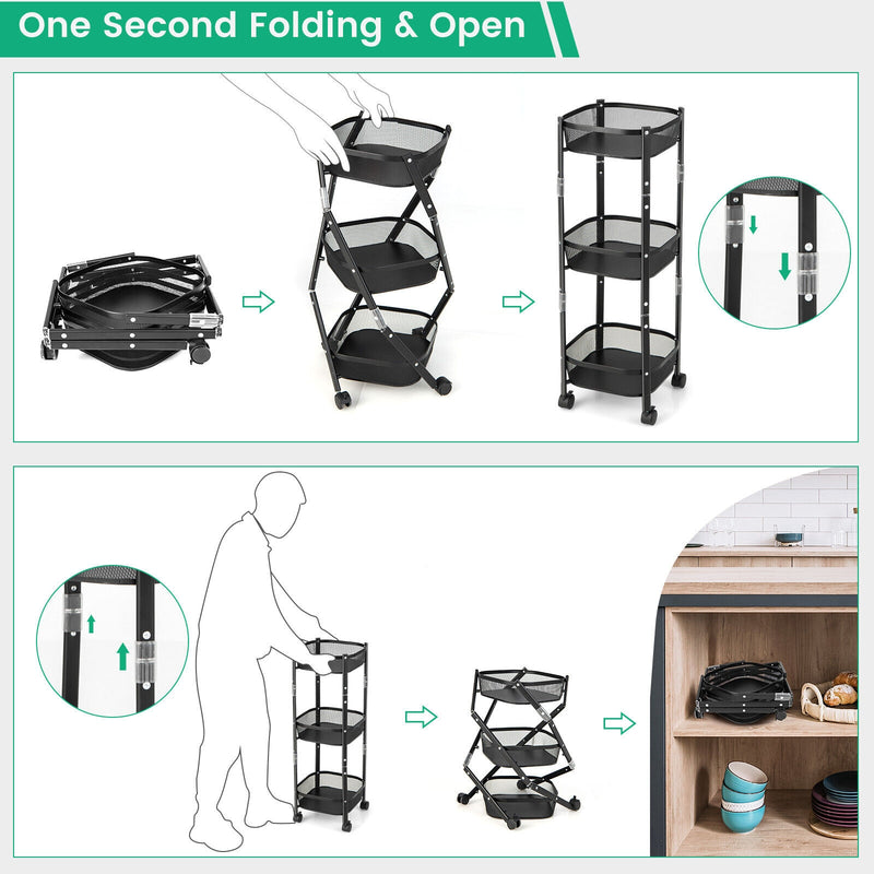 3-Tier Rotating 1-Second folding Storage Rack Metal-Square