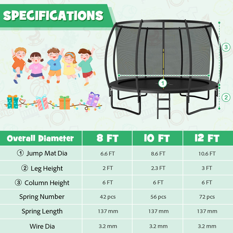 12FT ASTM Approved Recreational Trampoline with Ladder-Black