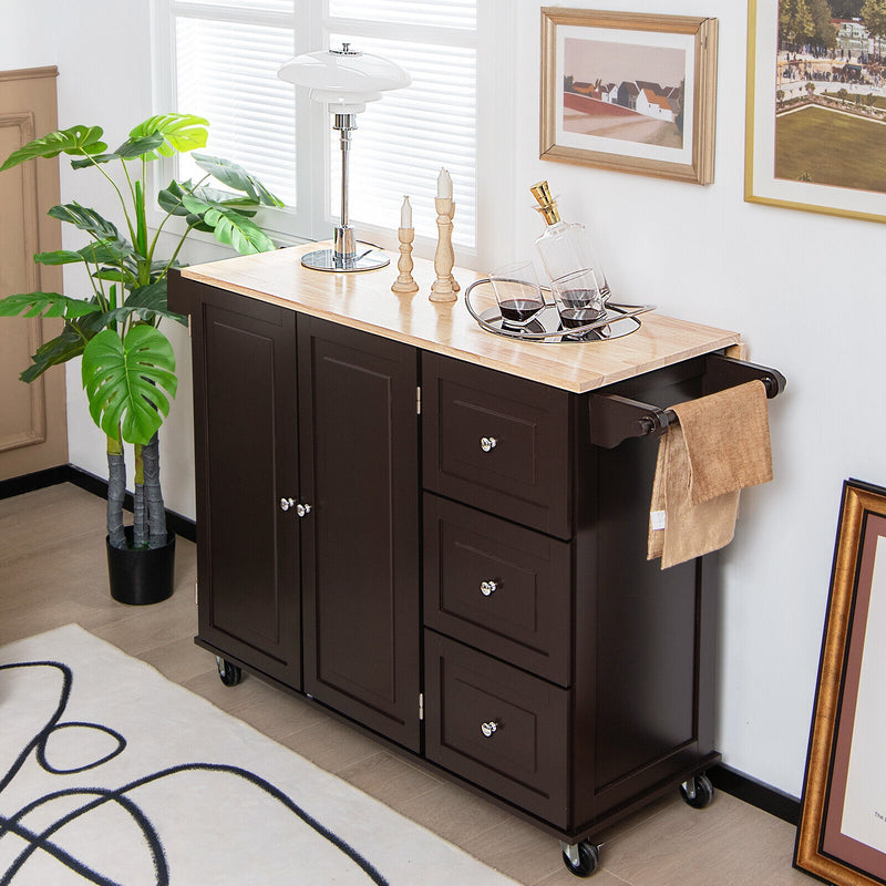 Kitchen Island Trolley Cart Wood with Drop-Leaf Tabletop and Storage Cabinet-Brown