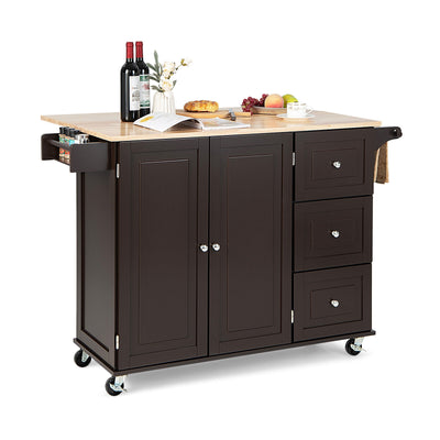 Kitchen Island Trolley Cart Wood with Drop-Leaf Tabletop and Storage Cabinet-Brown