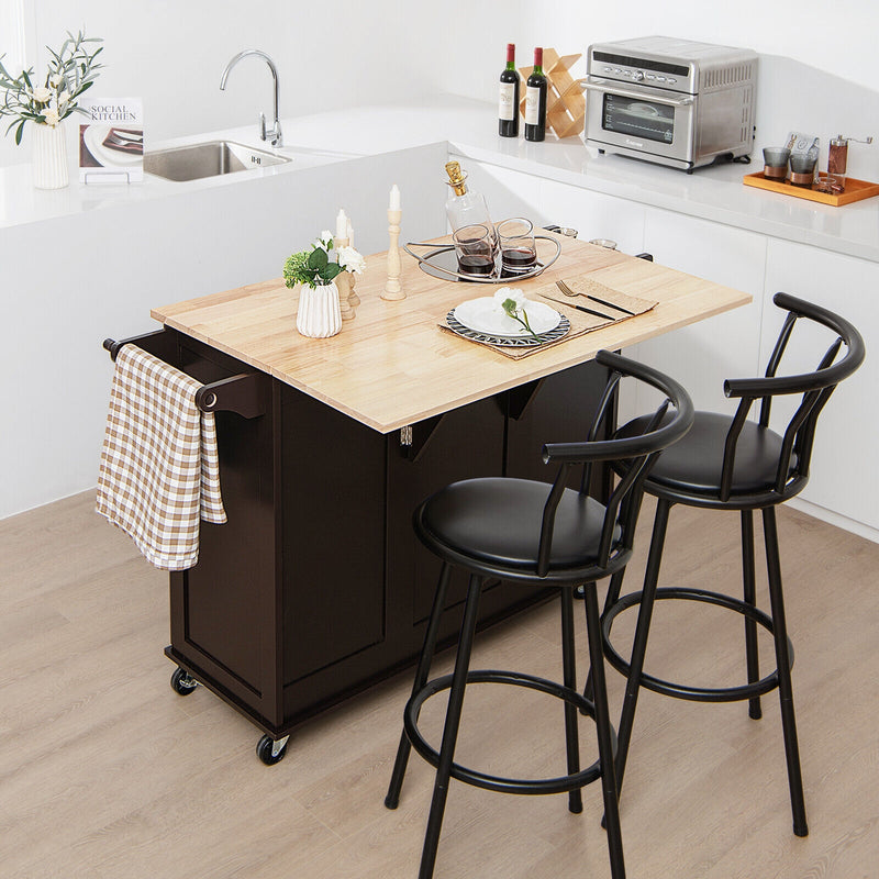 Kitchen Island Trolley Cart Wood with Drop-Leaf Tabletop and Storage Cabinet-Brown