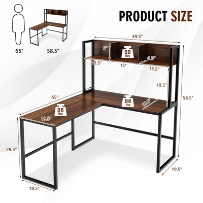 Reversible L-Shaped Corner Desk with Storage Bookshelf-Walnut