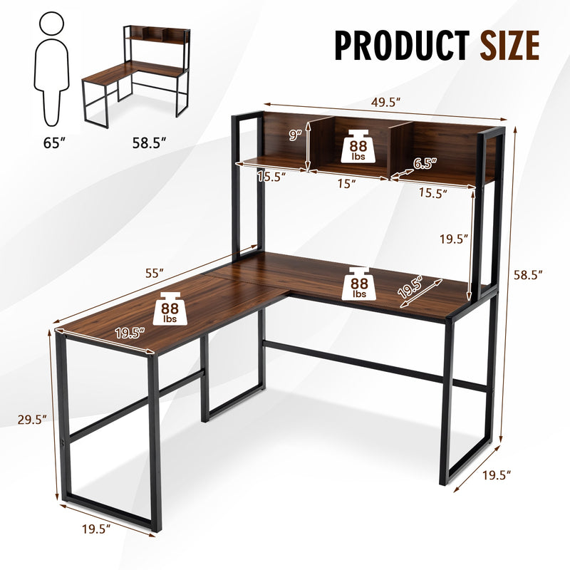 Reversible L-Shaped Corner Desk with Storage Bookshelf-Walnut