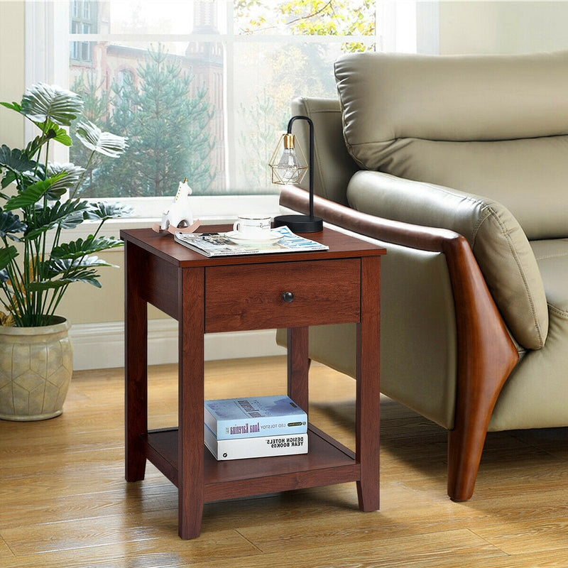 Night Stand End Side Table with Drawer and Storage Shelf