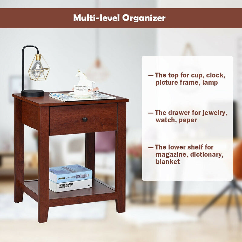 Night Stand End Side Table with Drawer and Storage Shelf