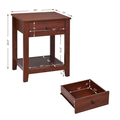 Night Stand End Side Table with Drawer and Storage Shelf