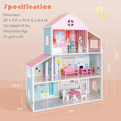 3-Tier Toddler Doll House with Furniture Gift for Age over 3