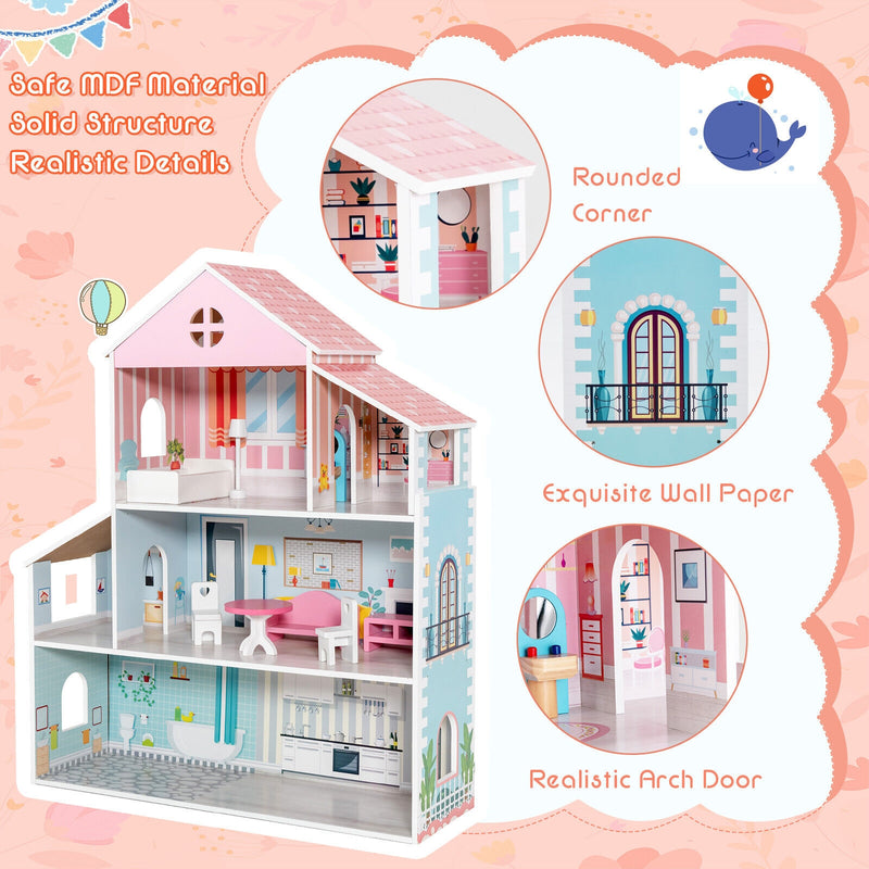 3-Tier Toddler Doll House with Furniture Gift for Age over 3