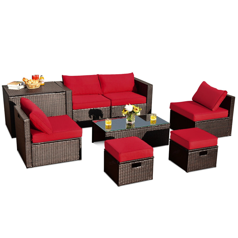 8 Pieces Patio Space-Saving Rattan Furniture Set with Storage Box and Waterproof Cover-Red