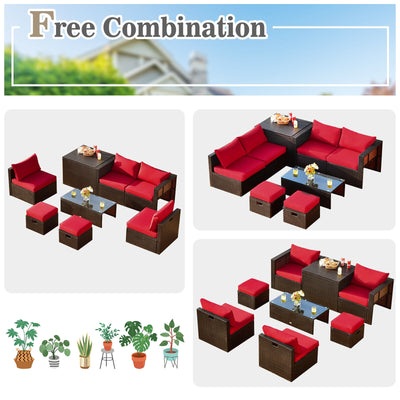 8 Pieces Patio Space-Saving Rattan Furniture Set with Storage Box and Waterproof Cover-Red