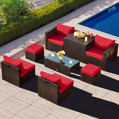 8 Pieces Patio Space-Saving Rattan Furniture Set with Storage Box and Waterproof Cover-Red