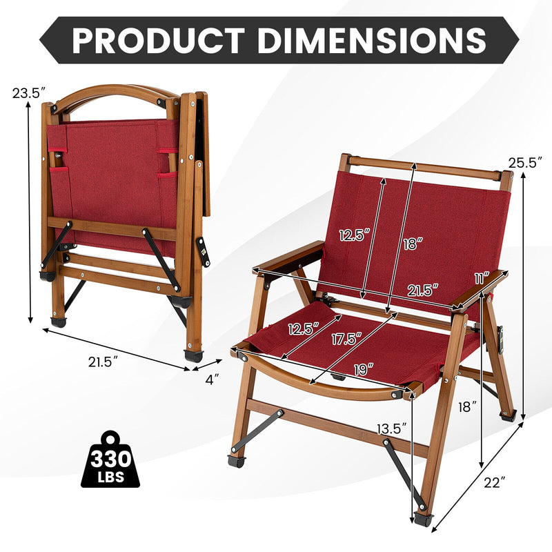 Patio Folding Camping Beach Chair with Solid Bamboo Frame-Red