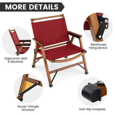 Patio Folding Camping Beach Chair with Solid Bamboo Frame-Red