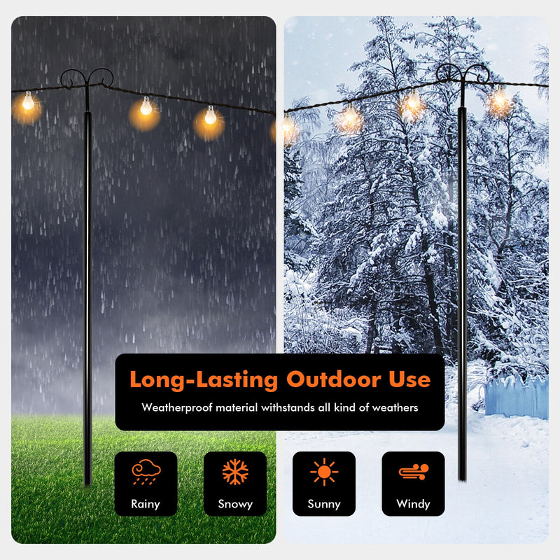 String Light Poles 2 Pack Outdoor Metal Poles with Top Arc Hook and 5-Prong Base-10 ft