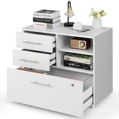 3 Drawer Lateral File Cabinet on Wheels with Storage Shelves-White