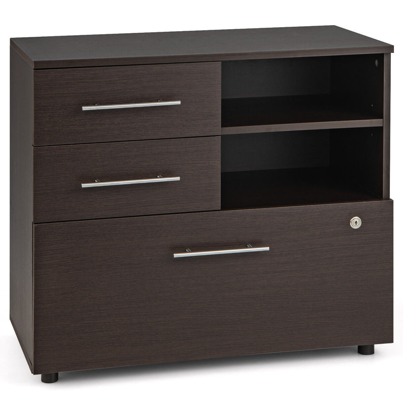 3 Drawer Lateral File Cabinet on Wheels with Storage Shelves-Brown