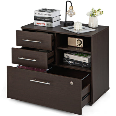 3 Drawer Lateral File Cabinet on Wheels with Storage Shelves-Brown