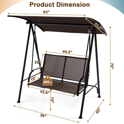 2-Seat Outdoor Canopy Swing with Comfortable Fabric Seat and Heavy-duty Metal Frame-Brown