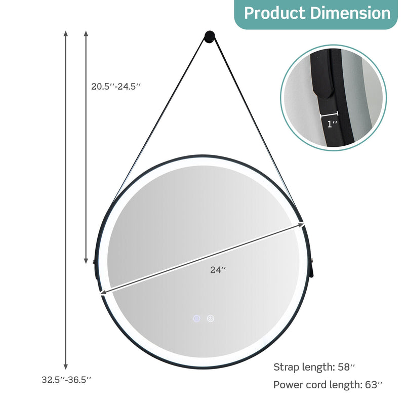 24 Inch Round Wall-mounted Mirror with 3 Color LED Lights and Anti-Fog Function